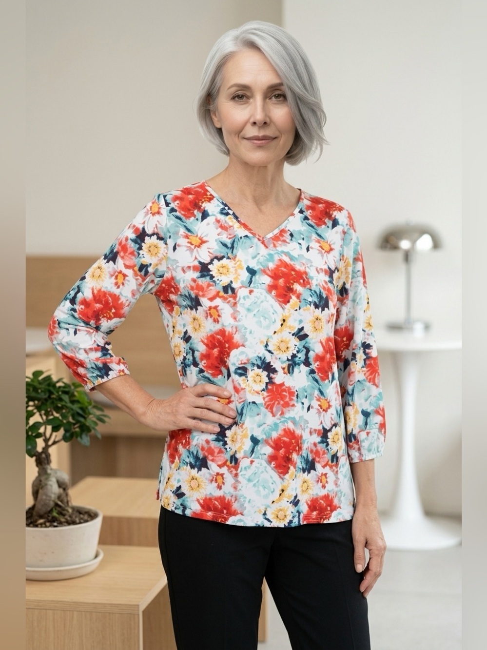 NWT Mario Serrani Women’s White Floral V Neck Long Sleeve Blouse - Size Large